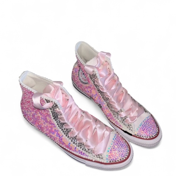 Luminous Pink & Crystal High Top Converse Sizes 5-14 New In Box With Ribbons - Picture 3 of 14